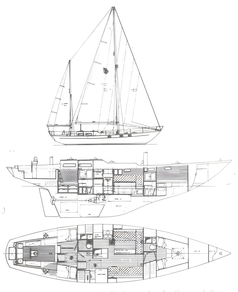 Line drawing of a Reliance 44 in profile and from above.