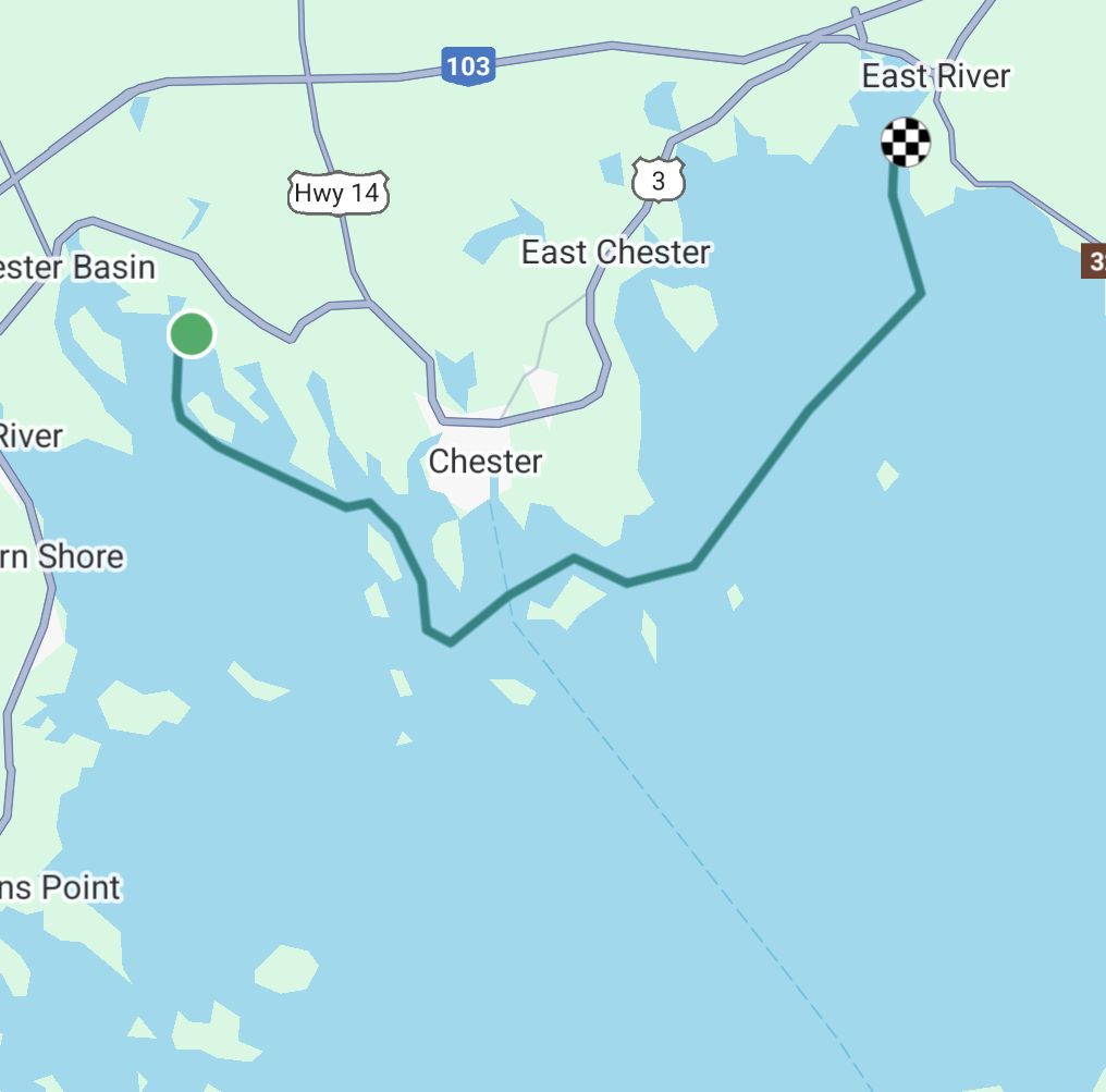 Map depicting sailing route from South Shore Marine to East River Shipyard.